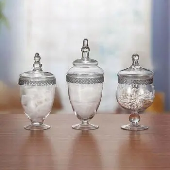 S/3 Clear Textured Apothecary Set with Filigree Silver Trim Glass Candy Jars, Stable Quality