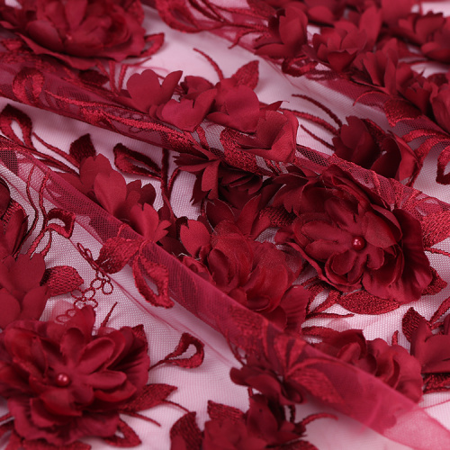 Deep Red 3D Flower Lace Embroidery Fabric