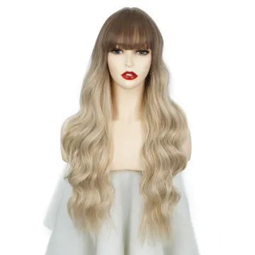 Vigorous Blonde Brown Ombre Wigs with Bangs Natural Wave Long Curly Two Tone Synthetic Hair for Black Women Cosplay Party