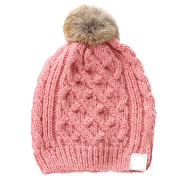 Winter Warm Cable Knit Beanie Hat with Faux Fur Pom Pom