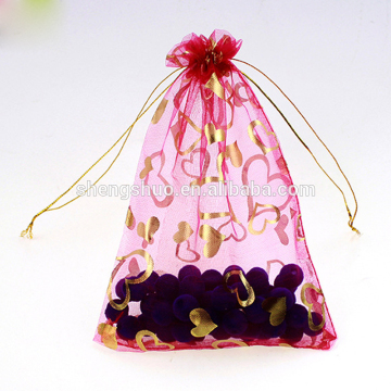 Wholesale High Quality Customized Logo Drawstring 7x9cm Heart Printed Organza Gift Bags,Jewelry Organza Bag