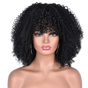 Good quality synthetic vendors color hair Afro short wig kinky curly synthetic wigs with bangs  high temperature hair fiber