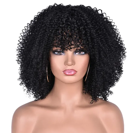 Good quality synthetic vendors color hair Afro short wig kinky curly synthetic wigs with bangs  high temperature hair fiber