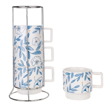 Stackable Ceramic Cup Set - Coffee Mug Set of 4 with Holder