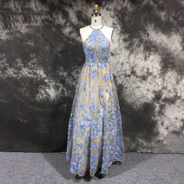 Halter Backless Lace Appliqued A-line Sleeveless Girl Prom Party Dress