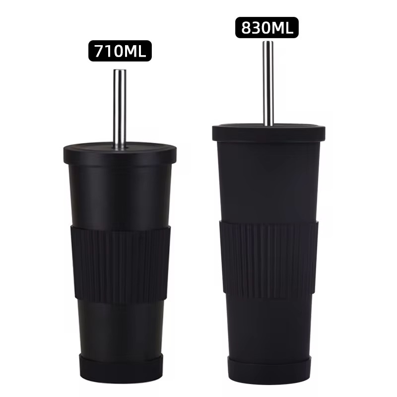 Colorful Ribbed Stainless Steel Tumbler with Straw