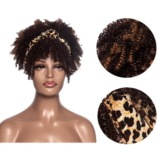 Aishili wholesale synthetic wig blonde brown afro deep curly Leopard headband wigs for black women