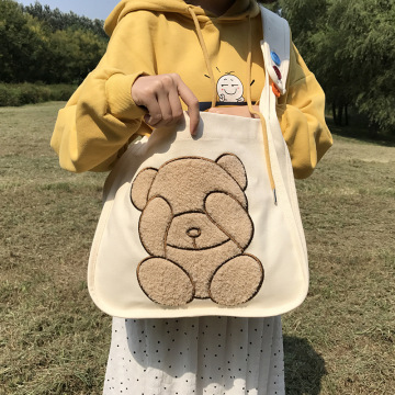 Padrão de urso bonito bordado bolsa de ombro de lona