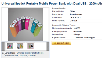 Universal lipstick Portable Mobile Power Bank with Dual USB , 2200mAh