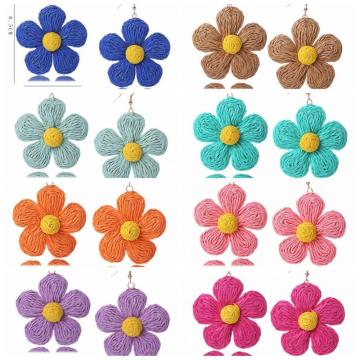 Rattan Earrings for Women Statement Boho Raffia Straw Wrapped Flower Drop Dangle Earrings Summer Tropical Beach Jewelry