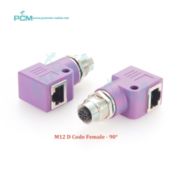 M12 D-CODE 4PIN महिला से RJ45 जैक 90 डिग्री कोण एडाप्टर ऑटोमेशन सिस्टम इंटरकनेक्शन के लिए