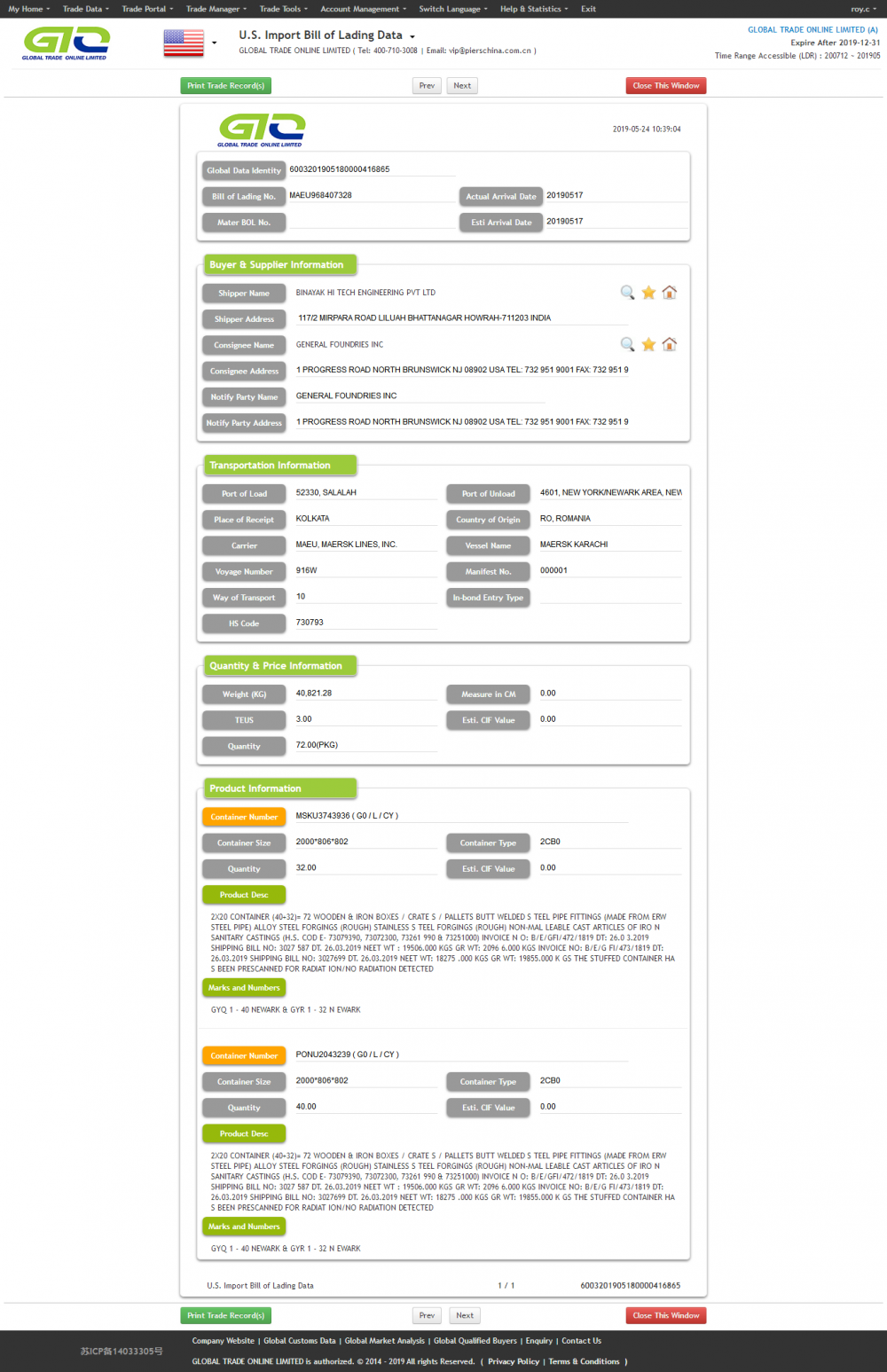 Alloy steel forging US customs data