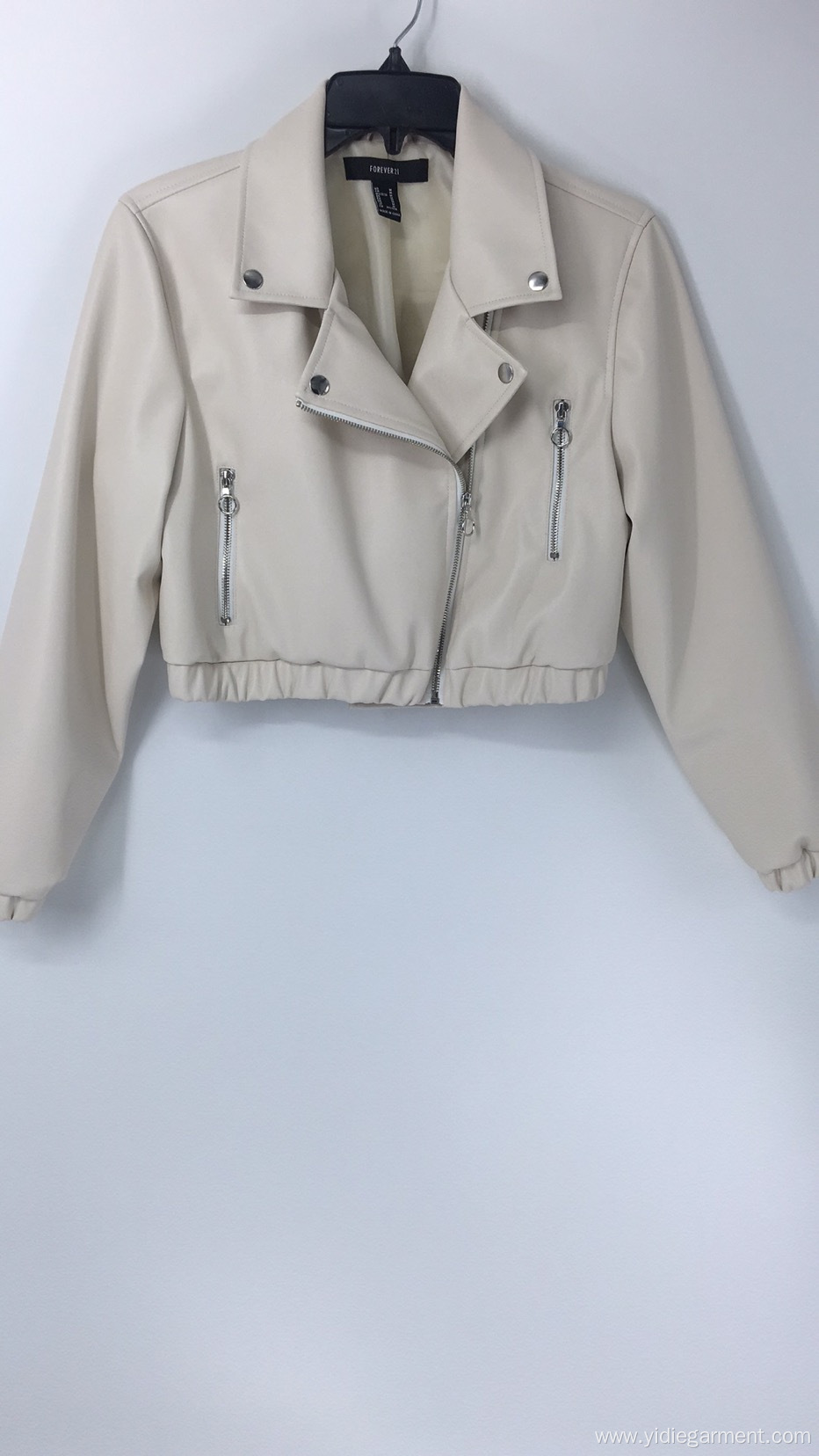 Women's Cream Faux Leather Crop Jacket