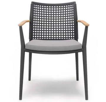 Waterproof Foshan Manufacturer: Aluminium Frame, Rope Woven Teak Wood Armrest Dining Chairs