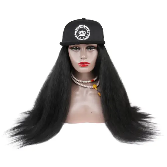 Baseball Hat Hair Wig Yaki Straight Synthetic Adjustable Hat Off Black Color 20 Inches For Black Women Heat Resistant Fiber