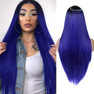 Ombre Blue Wig Long Straight Colored Synthetic Hair Wigs for Black Women Natural Heat Resistant Party Cosplay Costume Wig