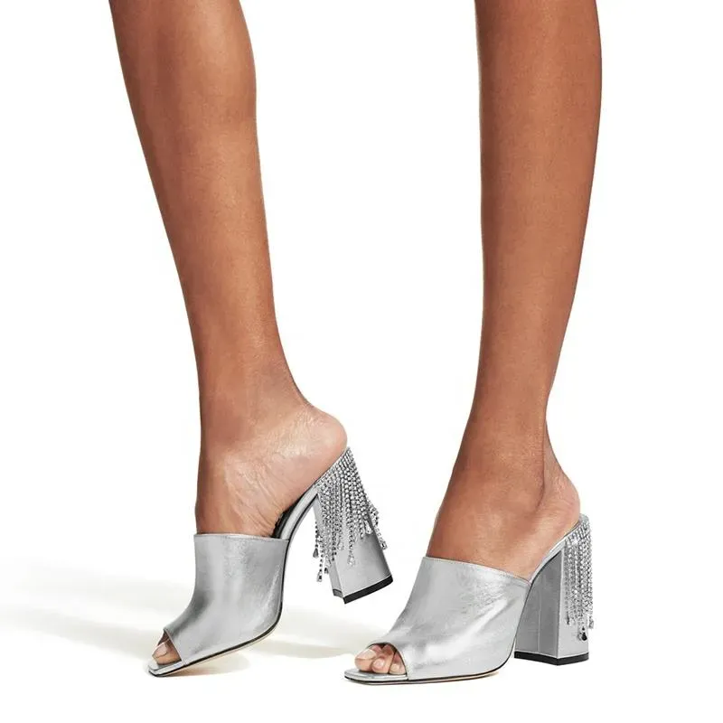 Silver Crystal Mule Heels for Women