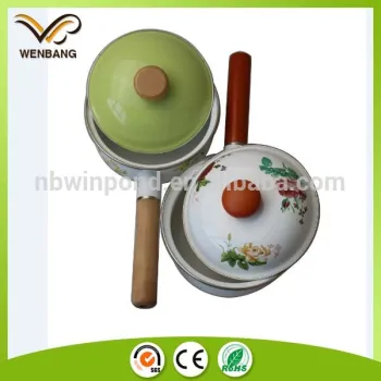 white colour wooden handle enamel pot with lid