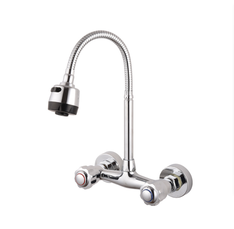 Wall Mounted Kitchen Faucets SS Dual Hole 360 swivel kitchen Cold and Hot Mixer Tap with universal head