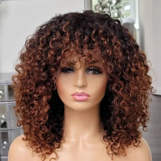 Wholesale BIS Ombre Honey Blonde Full Machine Wigs With Bangs 1B27 150 Denity Jerry Curly Human Hair Wigs For Black Women