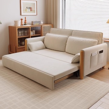 Nordic Simple Design Cream White Foldable Sofa Bed with Wood Legs