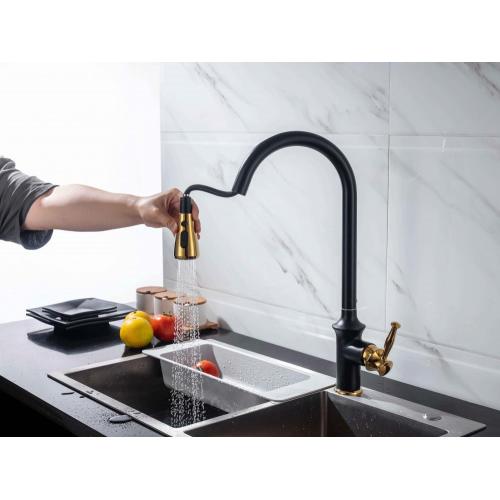 Household Black Gold Pull Down Brass Kitchen Faucet