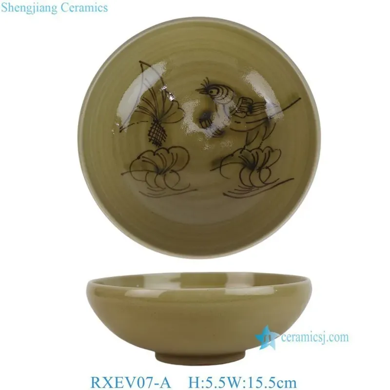 4 Inch China Ancient Yellow Glaze Flower and Bird Pattern Ceramic Bowl