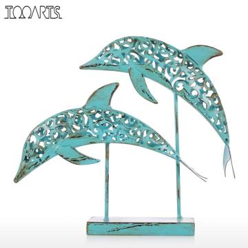 Tooarts Metal Sculpture Two Blue Dolphins Iron Handmade Statue Design Statue Ornament Marine Life Retro Effect Home Decoration