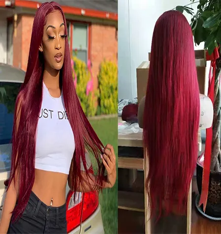 Wholesale Great Quality Straight 99j Front Lace Wig  Human Hair 13*4  Lace Wig With Natural Hairline And Baby Hair
