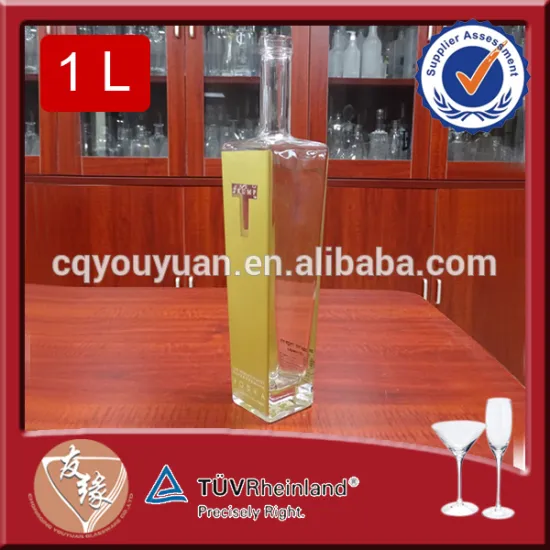 China wholesale golden decal cork top heavy bottom spirit bottle unique vodka 1l glass bottle