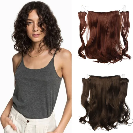 Wholesale 18Inch Natural Black Brown Wavy Long 9 Clips Piece Invisible Wire Three Hairpieces Fish Line Synthetic Hair Extensions