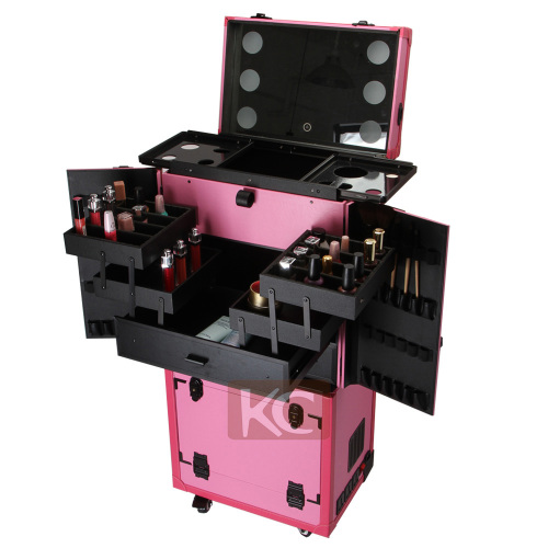 2017 new large capacity professional cosemetic station Aluminum material pink makeup case with lights and mirror