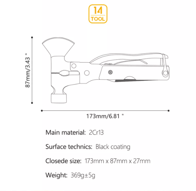 Outdoor Tool Multi-function Hammer Camping Safety Multi-purpose Tool 17 in 1 Tool Folding Knife Pliers