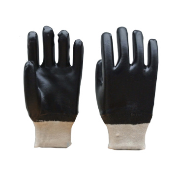 Black Pvc Coated Glove.Smooth Finish.Knit Wrist