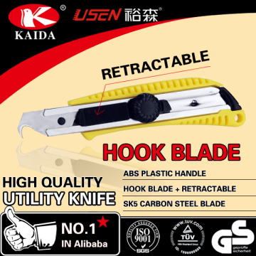 Hook blade retractable slider with screw lock Plastic handle Utility Cutter Knife