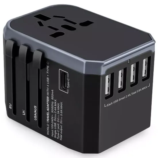 All in One Worldwide AC Power Wall Charger Plug 4 USB 1 Type-C EU UK AU Smart Travel Adapter