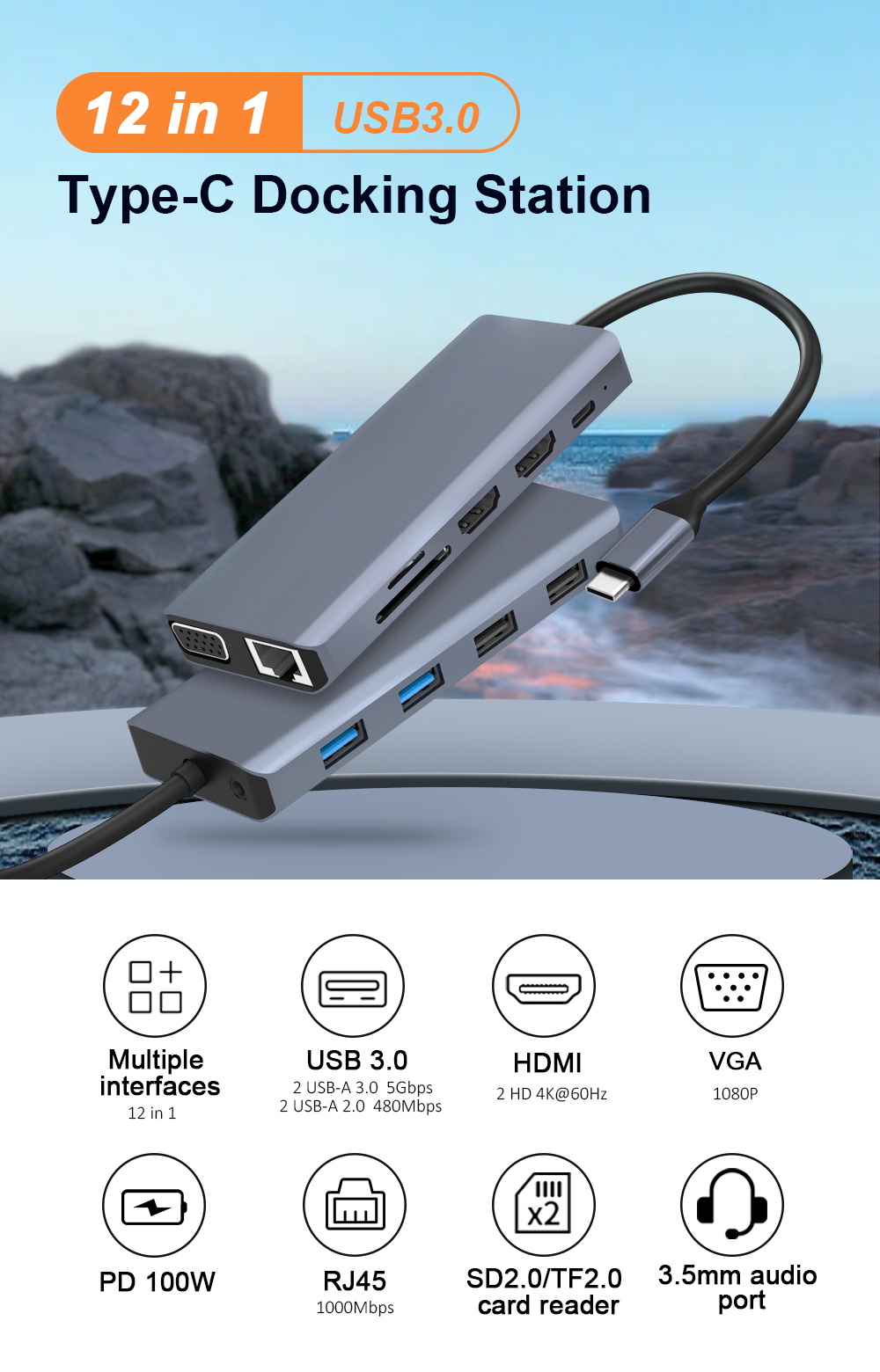 Station d'accueil multi-fonctions 12 sur 1 USB-C