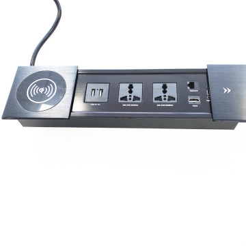 Customized Multifunction Power Socket - Desk Mounted with Sliding Mechanism, 2 Power Outlets, 2 USB Ports, 1 Network Port, and 1 Wireless Charger