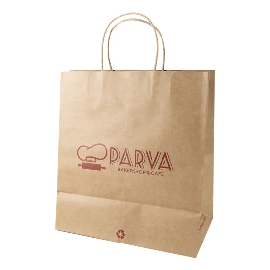 Custom Print Logo Reusable Kraft Paper Food Bag with Handles