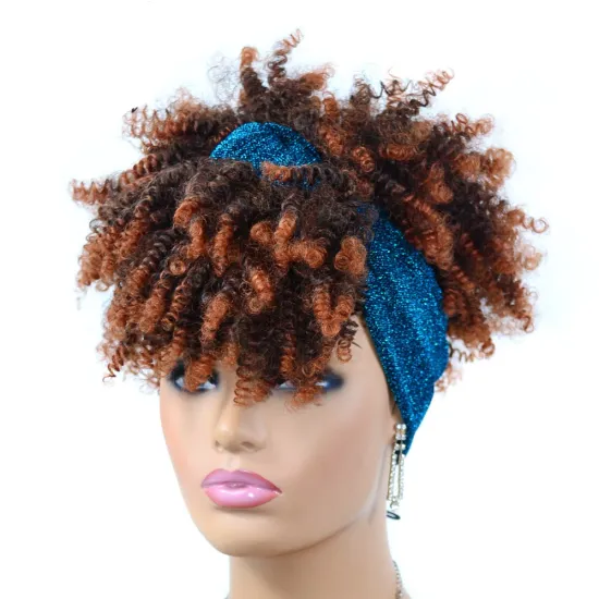 Wholesale Ombre Black With Bangs Kinky Curly Turban Wigs Short Heat Resistant Afro Synthetic Headband Attached Wigs For Women