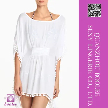 New style White Pom Pom Trim Cinched Waist Chiffon Kaftan Summer cover-ups