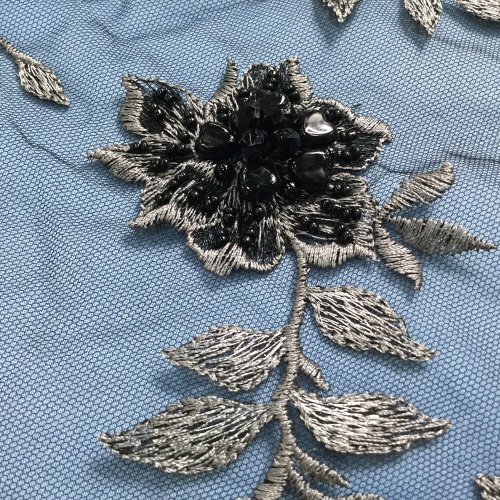 Black Tulle Handmade Beaded Flower Fabric