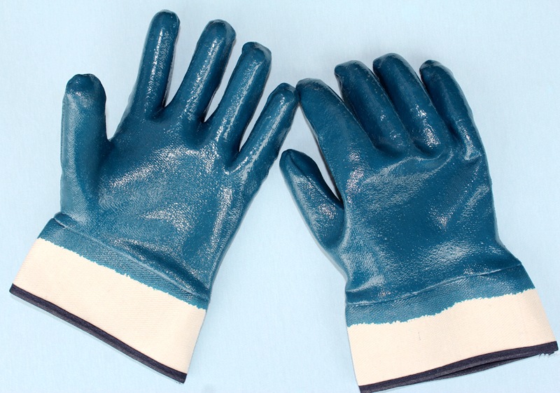 Blue nitrile safety cuff cotton lining gloves 130g