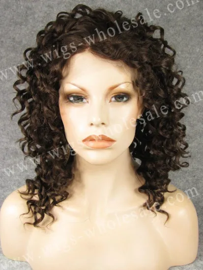 Medium brown short style synthetic kinky curly lace front wig