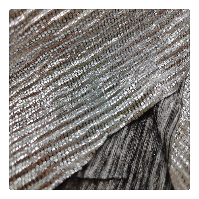 knit jersey fabric metallic foil pleated fabric polyester dress fabric with foil