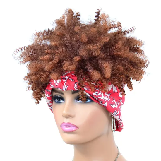 Wholesale Ombre High Quality Black Kinky Curly Turban Wigs Short Heat Resistant Afro Synthetic Headband Attached Wigs For Women