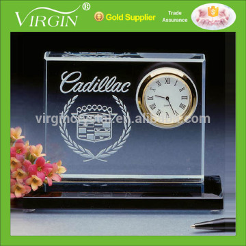 Black base design crystal award with small desktop clock for office use