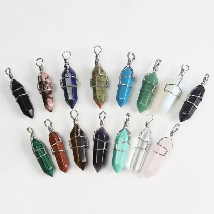 Silver Winding Wire Pendant Hexagonal Prism Crystal Gem Necklace