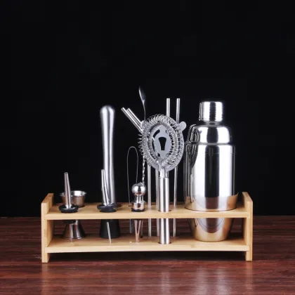 Stainless Steel Bartender Kit with Wooden Stand - Professional Barware Tools for Travel and Cocktail Making