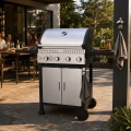 Parrilla de barbacoa de gas propano líquido de lujo con 4 quemadores, gabinete de doble puerta de acero inoxidable y 2 ruedas todoterreno